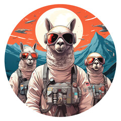 A futuristic llama t-shirt design featuring llamas in sleek, space-exploration suits, standing on the surface of an alien planet with multiple moons in the sky, Generative Ai