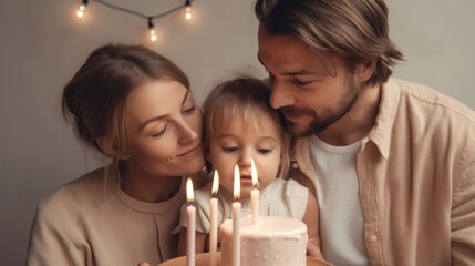 Obraz na płótnie Canvas Loving European family celebrates with cake in a studio setting. Generative AI