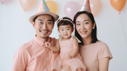 Asian family and kid enjoy a birthday party in a studio. Generative AI