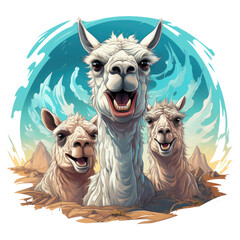 A dramatic llama t-shirt design capturing a powerful moment of llamas in a stormy desert, where they stand strong against the wind and sand, Generative Ai