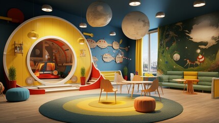 A children's playroom designed with interactive and educational elements