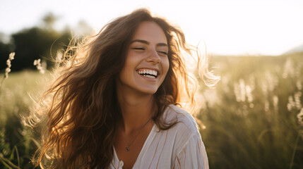 Portrait of a beautiful young woman with long hair in the field