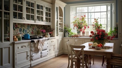 A classic English country kitchen with white cabinetry and floral accents