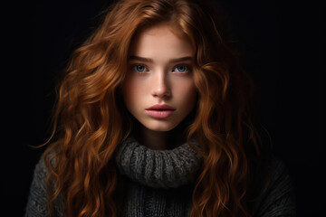 Fototapeta premium portrait of red-haired young woman on black background, ai generated