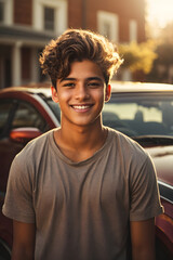Joyful teenage male standing beside new car in warm sunlight flare, smirking, Image created using artificial intelligence.