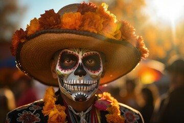 a man with a painted face and a wide-brimmed hat for the Day of the Dead holiday in Mexico.