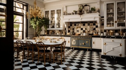 A classic French bistro kitchen with black and white checkerboard floors