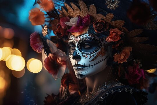 girl with a painted face and a wide-brimmed hat for the Day of the Dead holiday in Mexico.