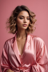 Fototapeta premium Punk business woman portrait in pink suit, yellow and pink background. Image created using artificial intelligence.