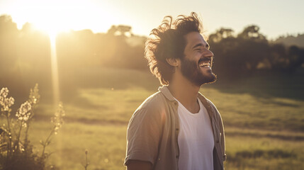 Portrait of a young man laughing and looking away in the countryside