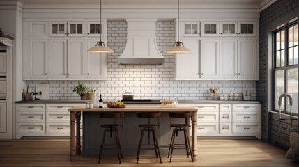 A classic kitchen with white subway tile and traditional cabinetry