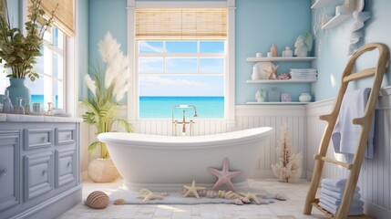 A coastal-inspired bathroom with seashell accents