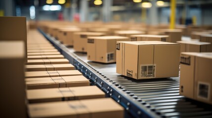 ecommerce packages in a logistics warehouse on conveyer belt, generative ai - obrazy, fototapety, plakaty
