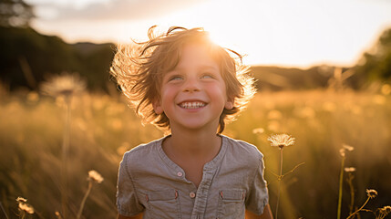 Portrait of a smiling little boy standing in the field at sunset