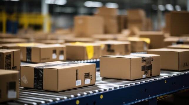 ecommerce packages in a logistics warehouse on conveyer belt, generative ai