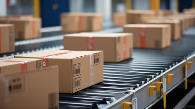 ecommerce packages in a logistics warehouse on conveyer belt, generative ai