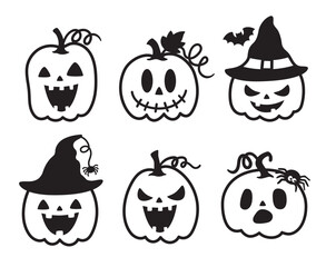 Cute jack o lantern Halloween pumpkin outline drawing vector illustration set with live strokes.