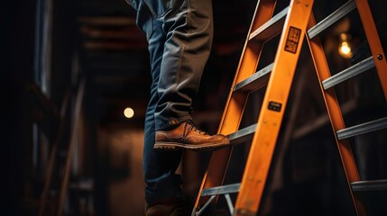 repairman worker standing on ladder close up - obrazy, fototapety, plakaty