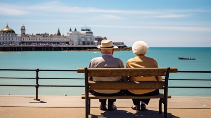 old couple enjoying the british seaside, nan and grandad old romance, old age, generative ai - obrazy, fototapety, plakaty