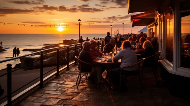 English Seaside At Sunset, People Eating Their Fish And Chips While The Sun Goes Down,generative Ai