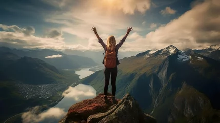 Foto op Plexiglas Woman celebrating nature and reaching the summit © Jodie