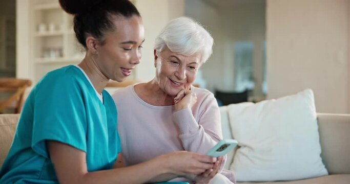 Home, senior woman and nurse on a couch, smartphone and typing with connection, network and social media. People, elderly person and caregiver on a sofa, cellphone and mobile app with online reading