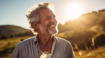 Fototapeta na wymiar Portrait of smiling senior man standing in field on a sunny day