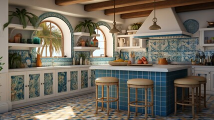A coastal Mediterranean kitchen with sea-inspired colors and tilework