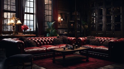 Fototapeta na wymiar A combination of leather and velvet furniture in a cozy lounge