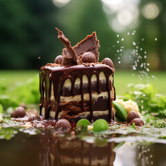 A food photograph of a beautiful chocolate drip cake, generative ai