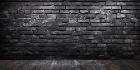 Black Vintage Loft Brick Wall Background,  Brick texture. Rustic  Brick texture. Wood background. Wooden plank floor background. generative ai