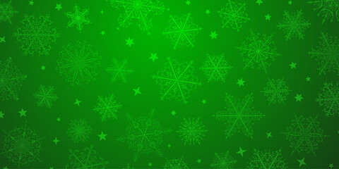 Naklejka na ściany i meble Christmas background of beautiful complex snowflakes in green colors. Winter illustration with falling snow