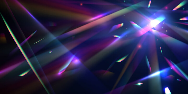 Crystal and jewelry, prism, glare. Rainbow glowing glitter vector set. Defocused abstract multicolored retro film lens flare bokeh analog photo overlay or screen filter effect.	