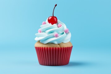 Birthday cupcake on blue background, Cupcake on a colorful background and space for the text, Cupcake for birthday