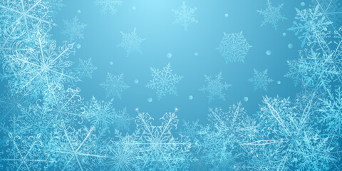 Naklejka na ściany i meble Christmas background of beautiful complex snowflakes in blue colors. Winter illustration with falling snow
