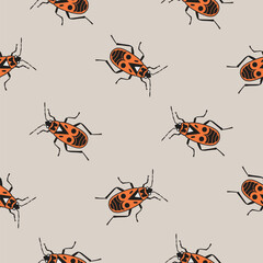 Red firebugs geometric seamless pattern in cartoon vintage style. Look other insects from the collection