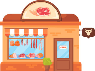 Obraz premium Butcher shop cartoon facade. Meat food store