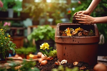 Kitchen waste recycling in composter for Eco-Friendly Gardening and Recycling, Woman composting food waste. Outdoor compost bin for reducing kitchen waste