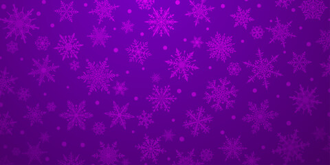 Obraz na płótnie Canvas Christmas background of beautiful complex snowflakes in purple colors. Winter illustration with falling snow