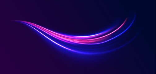 Glowing neon swirls with headlights in a big set. Neon light effect on a winding street. The effect of a long yellow and red path or autobahn at night. 