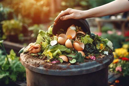 Kitchen waste recycling in composter for Eco-Friendly Gardening and Recycling, Woman composting food waste. Outdoor compost bin for reducing kitchen waste