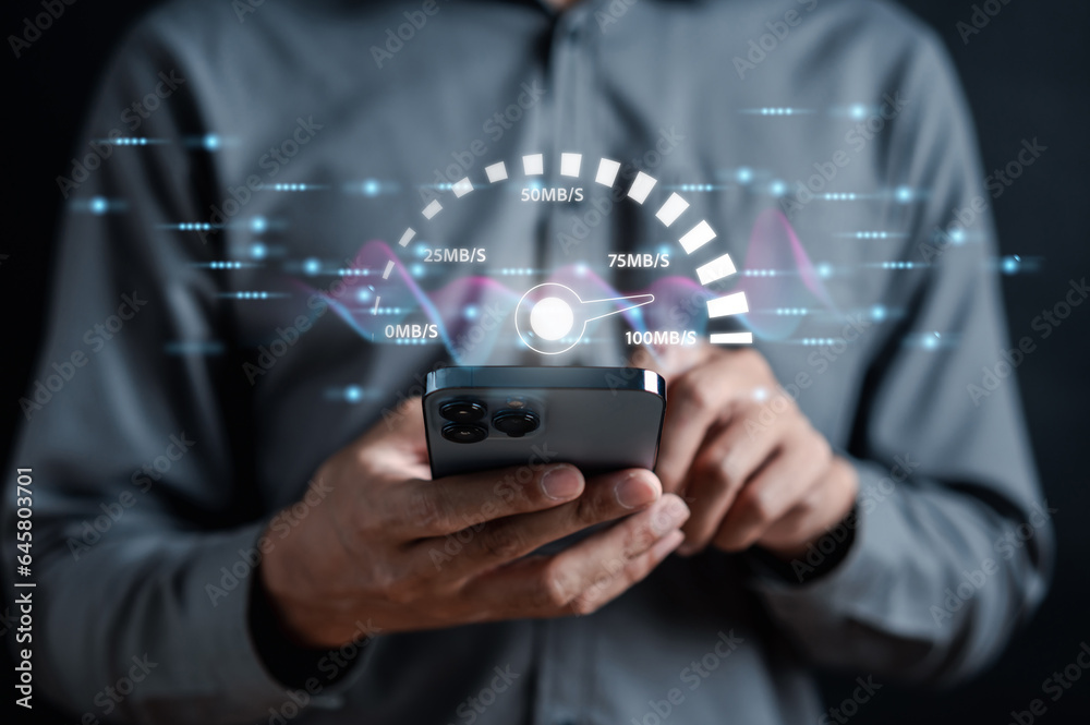 Aufkleber Fast internet connection speedtest bandwidth network technology, Man using smartphone with Internet high speed by smartphone 5G quality, speed optimization.
