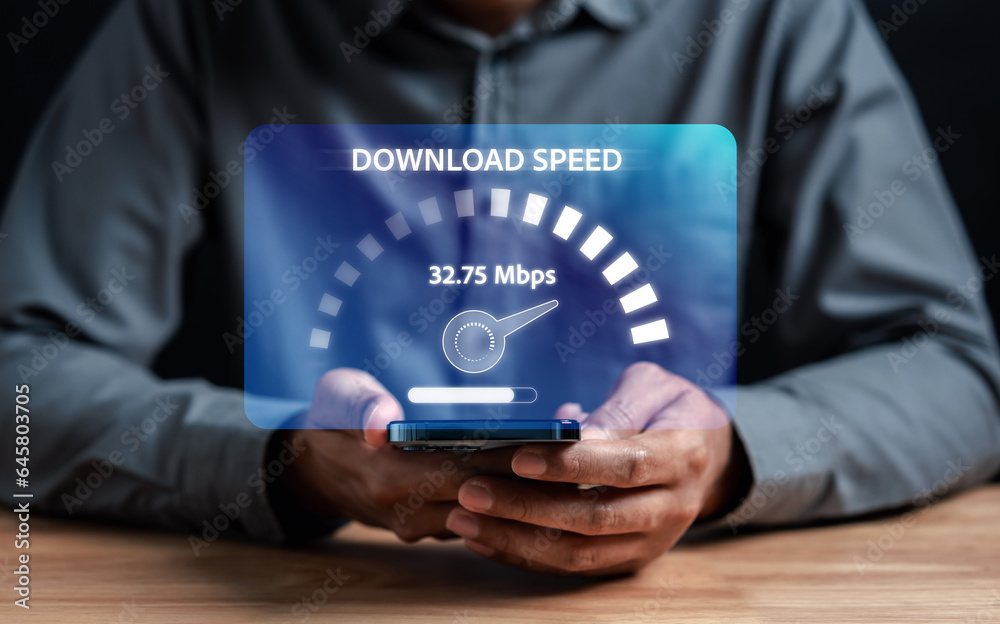 Fototapete Fast internet connection speedtest bandwidth network technology, Man using smartphone with Internet high speed by smartphone 5G quality, speed optimization.