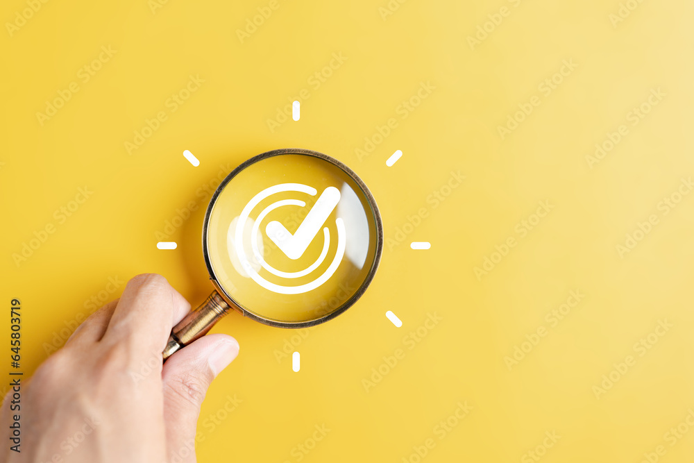 Poster Magnifying glass focus to quilay checklist assignment to target objective with idea creative light bulb icon. planning strategy development to customer target group concept.