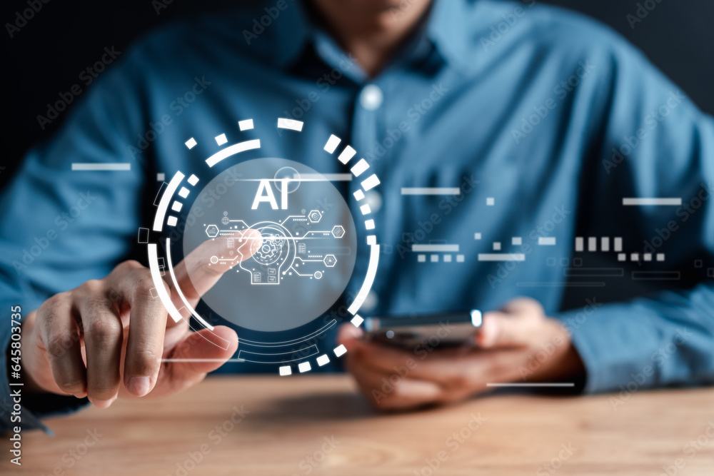 Aufkleber Businessman using ai technology. chat bot with AI Artificial Intelligence generate. Futuristic technology, robot in online system. Business in future to invest and develop corporate concept...