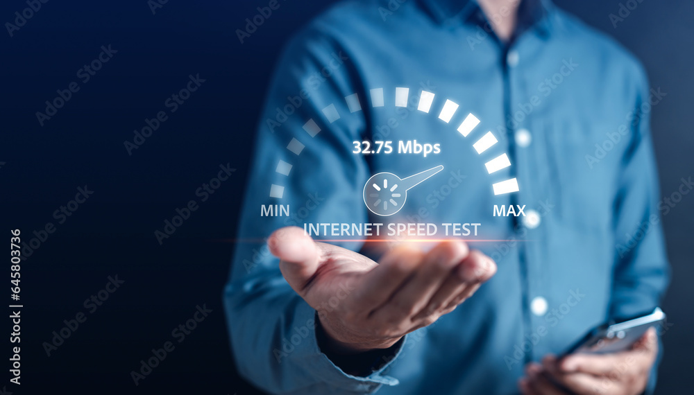 Fototapete Fast internet connection speedtest bandwidth network technology, Man using smartphone with Internet high speed by smartphone 5G quality, speed optimization.