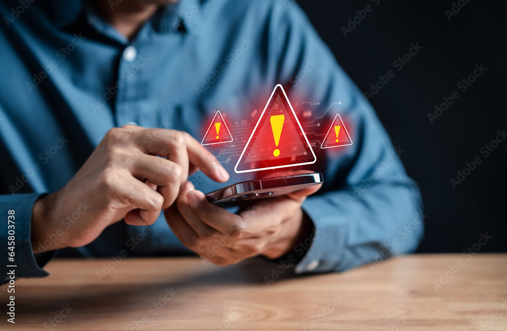 Aufkleber System warning caution sign for notification error and maintenance concept. cyber attack on computer network. Cybersecurity vulnerability, data breach, illegal connection, compromised information.