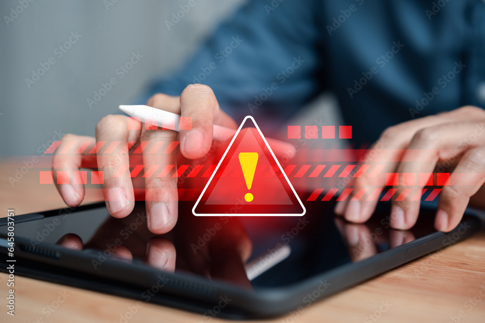 Aufkleber System warning caution sign for notification error and maintenance concept. cyber attack on computer network. Cybersecurity vulnerability, data breach, illegal connection, compromised information.