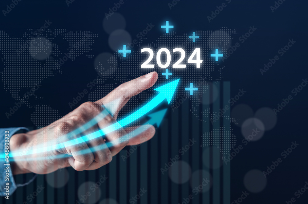 Fototapete pointing arrow up. happy new year 2024 with chart graph and countdown merry christmas and happy new 