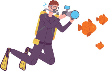 Underwater diver making photo of fishes. Swimming photographer